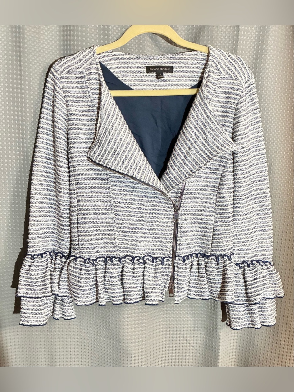 Banana Republic Sz 2 Navy White Ruffle Tweed Blazer Moto Knit Stretch Cottagecor